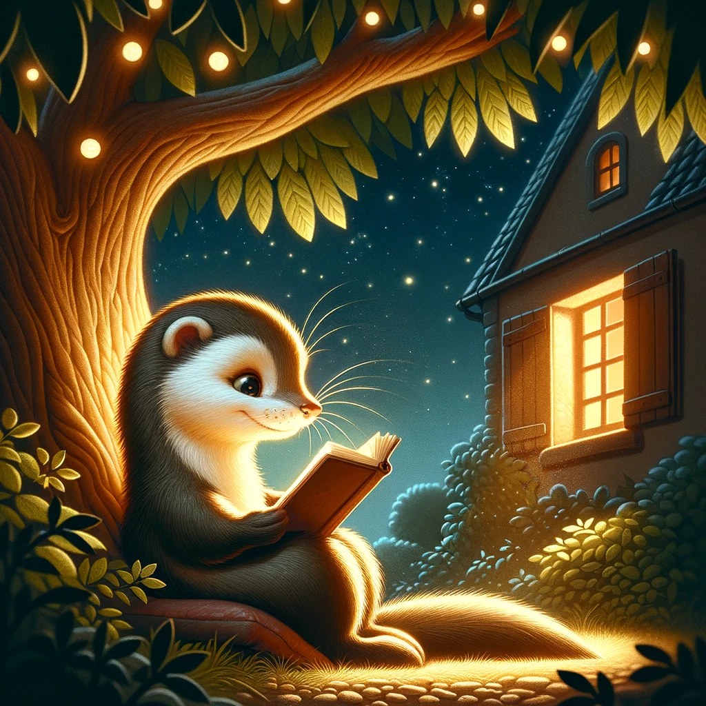 Minky reading a glowing book under a tree at night