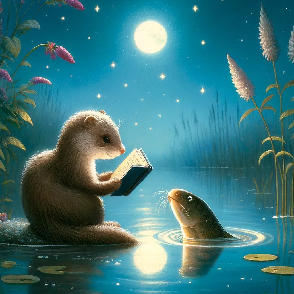 Flat Fin Fred hearing a story at the riverbank