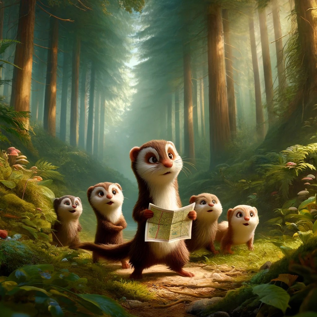 Minky holding a map with his family in the forest