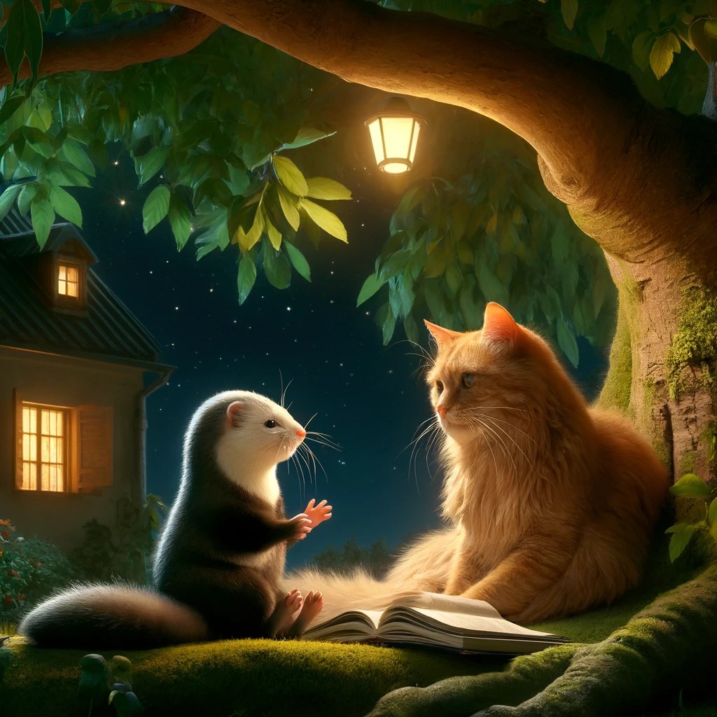 Minky sharing a story with ginger cat Sam