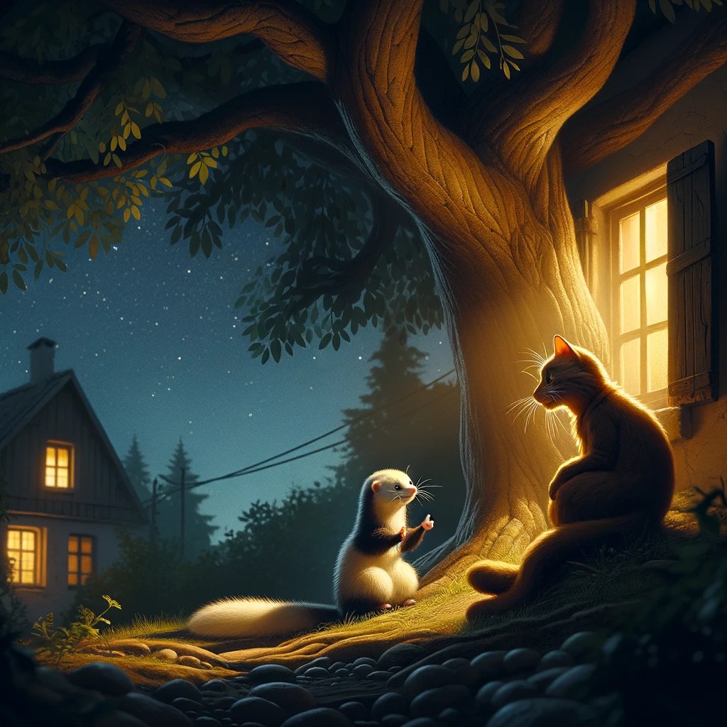 Sam and Minky under a moonlit tree