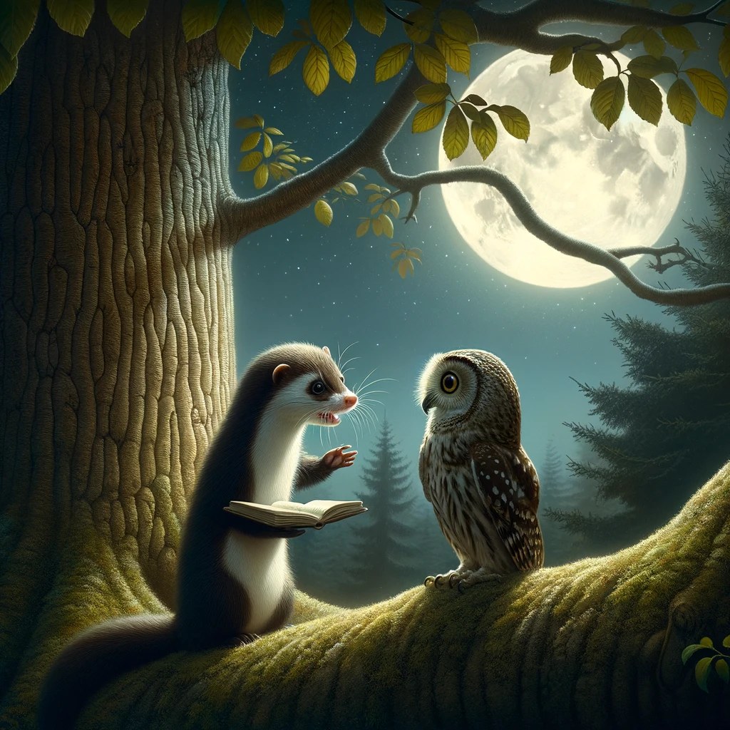 Hoot the owl listening beside Minky